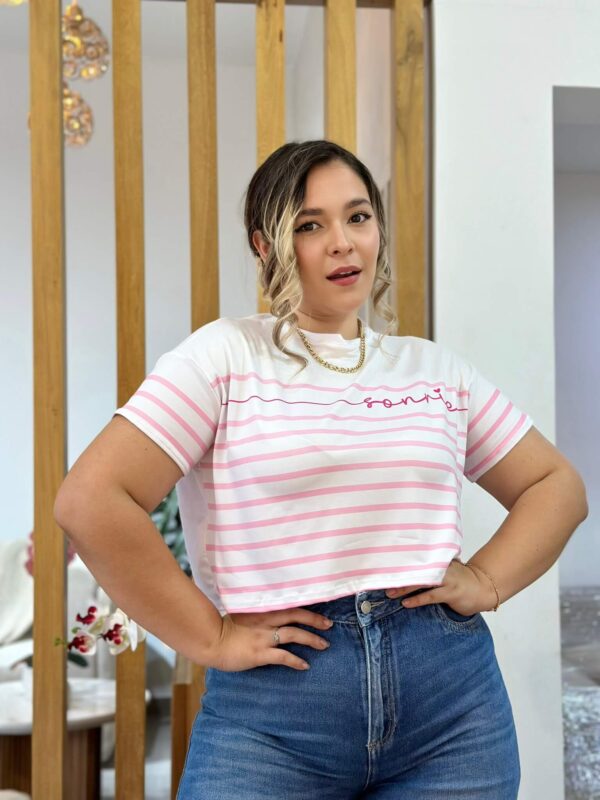 Crop Top E.B Sonríe Rayas Rosadas